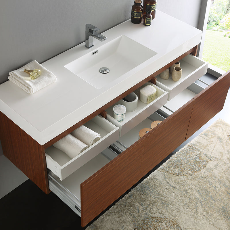 Fresca Mezzo 60" Teak Wall Hung Single Sink Modern Bathroom Cabinet with Integrated Sink FCB8041TK-I