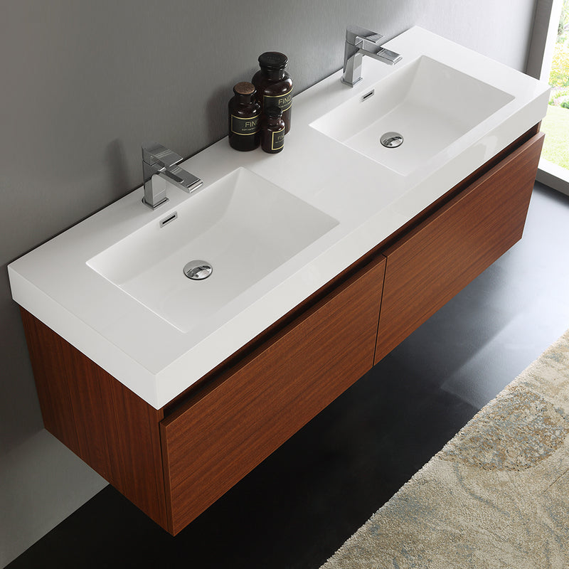 Fresca Mezzo 60" Teak Wall Hung Double Sink Modern Bathroom Cabinet with Integrated Sink FCB8042TK-I