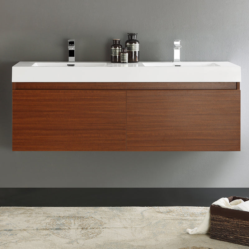 Fresca Mezzo 60" Teak Wall Hung Double Sink Modern Bathroom Cabinet with Integrated Sink FCB8042TK-I