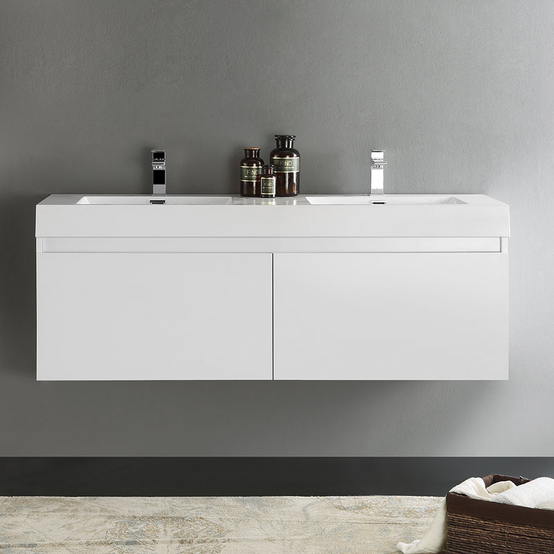 Fresca Mezzo 60" White Wall Hung Double Sink Modern Bathroom Cabinet with Integrated Sink FCB8042WH-I