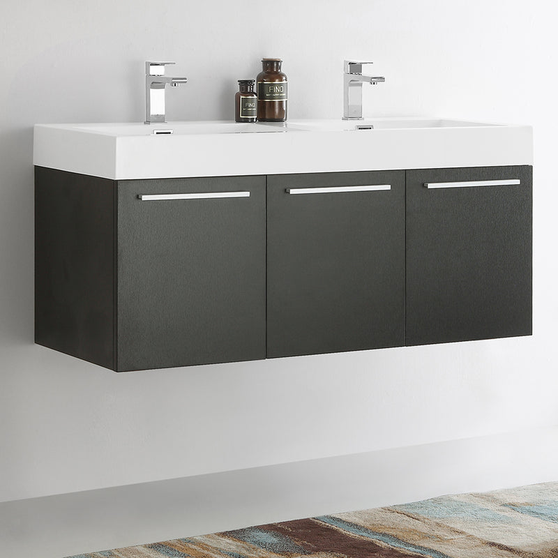 Fresca Vista 48" Black Wall Hung Double Sink Modern Bathroom Cabinet with Integrated Sink FCB8092BW-D-I