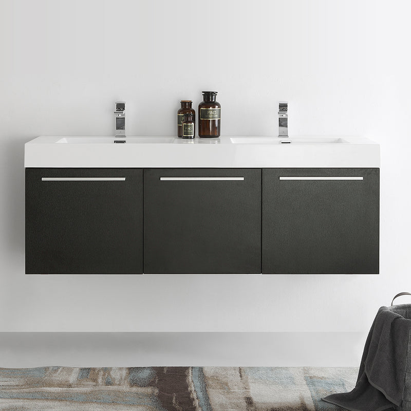 Fresca Vista 60" Black Wall Hung Double Sink Modern Bathroom Cabinet with Integrated Sink FCB8093BW-D-I