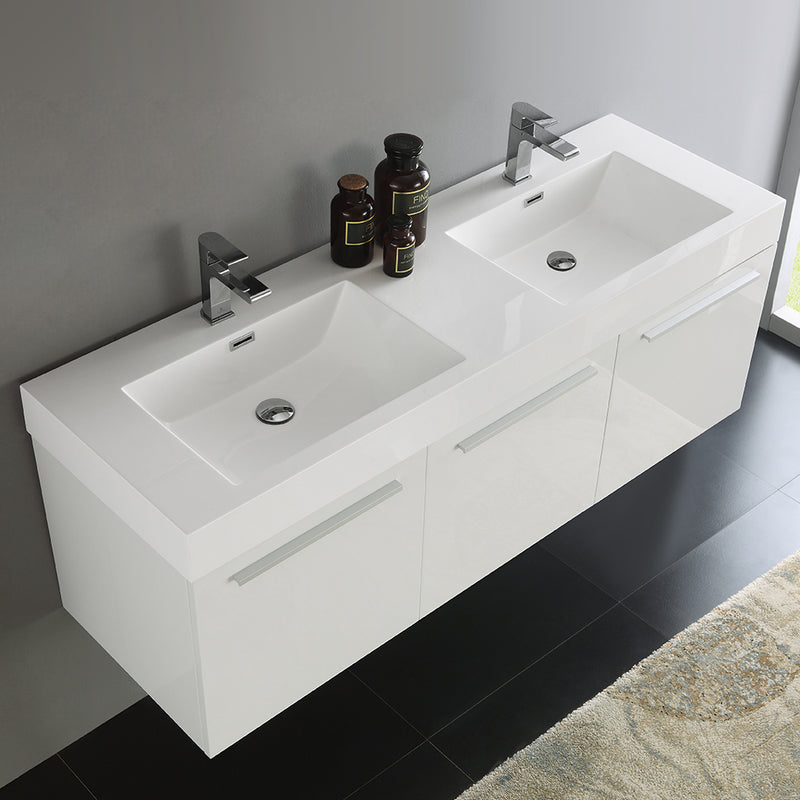 Fresca Vista 60" White Wall Hung Double Sink Modern Bathroom Cabinet with Integrated Sink FCB8093WH-D-I