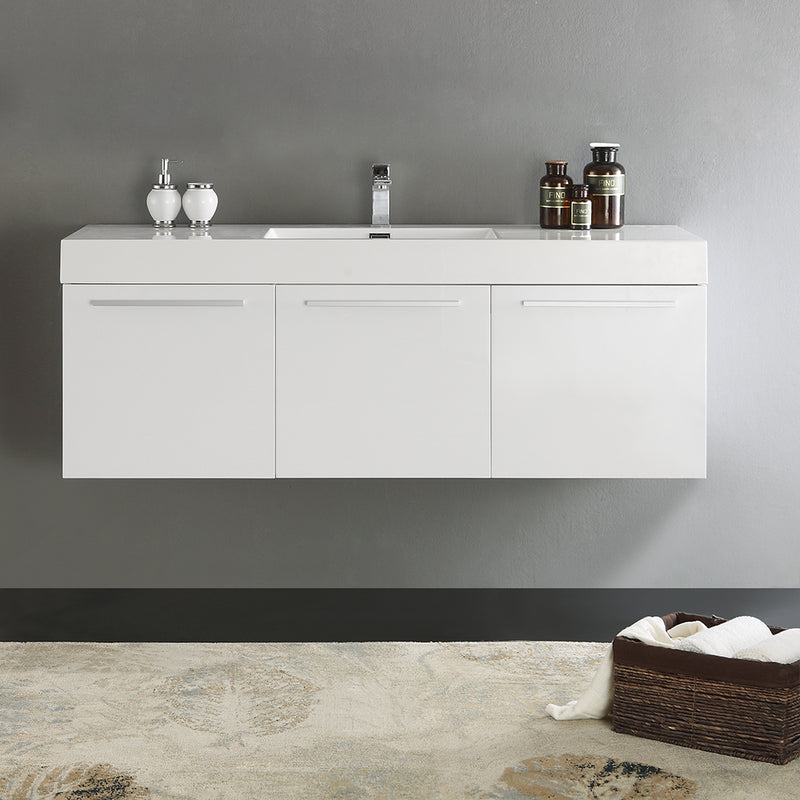 Fresca Vista 60" White Wall Hung Single Sink Modern Bathroom Cabinet with Integrated Sink FCB8093WH-I