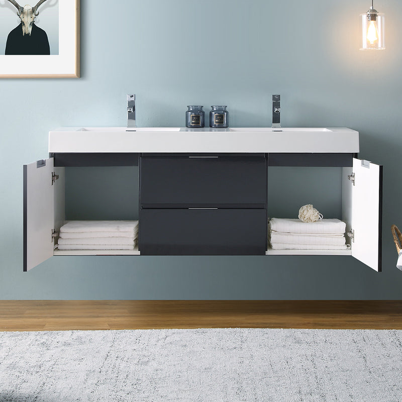 Fresca Valencia 60" Dark Slate Gray Wall Hung Double Sink Modern Bathroom Vanity FCB8360GG-D-I