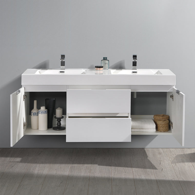 Fresca Valencia 60" Glossy White Wall Hung Double Sink Modern Bathroom Vanity FCB8360WH-D-I