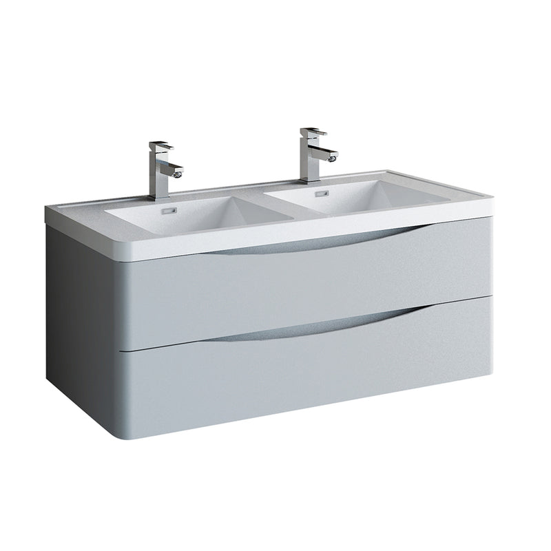 Fresca Tuscany 48" Glossy Gray Wall Hung Modern Bathroom Cabinet w/ Integrated Double Sink FCB9048GRG-D-I