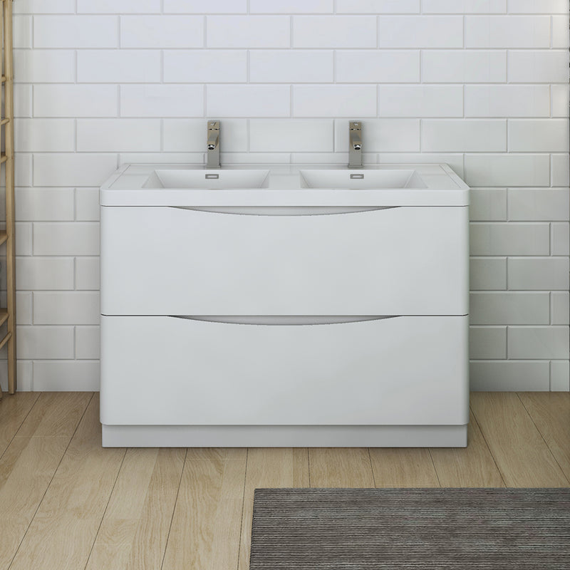 Fresca Tuscany 48" Glossy White Free Standing Modern Bathroom Cabinet with Integrated Double Sink FCB9148WH-D-I