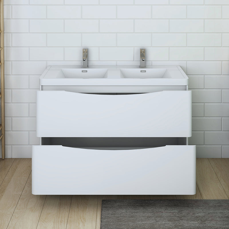 Fresca Tuscany 48" Glossy White Free Standing Modern Bathroom Cabinet with Integrated Double Sink FCB9148WH-D-I