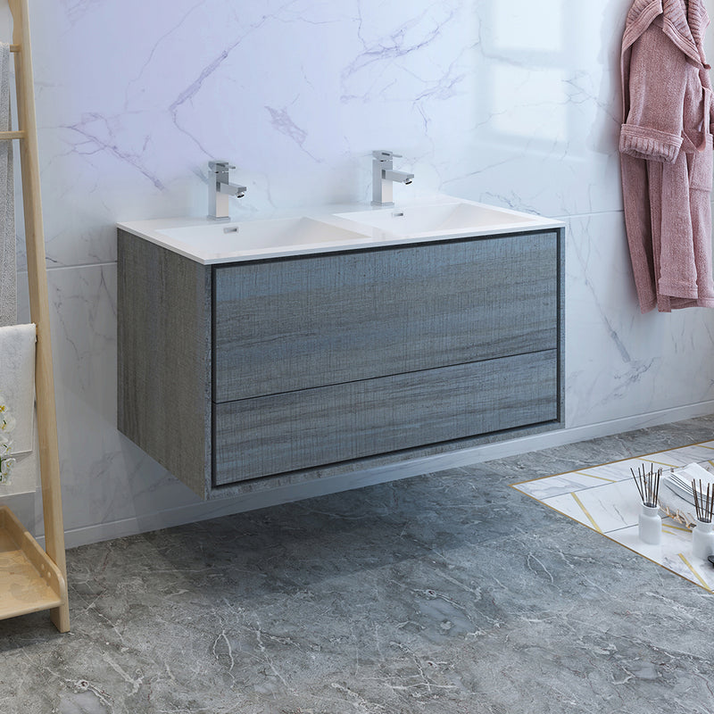 Fresca Catania 48" Ocean Gray Wall Hung Modern Bathroom Cabinet with Integrated Double Sink FCB9248OG-D-I