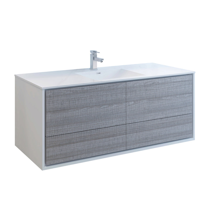 Fresca Catania 60" Glossy Ash Gray Wall Hung Modern Bathroom Cabinet w/ Integrated Single Sink FCB9260HA-S-I