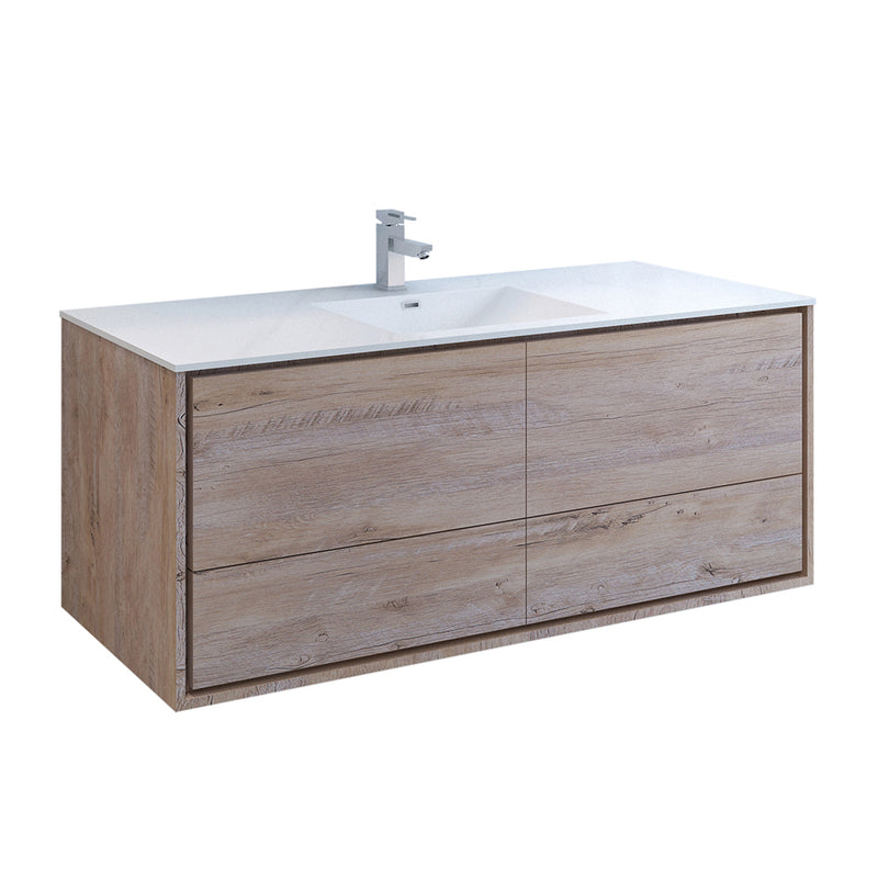 Fresca Catania 60" Rustic Natural Wood Wall Hung Modern Bathroom Cabinet w/ Integrated Single Sink FCB9260RNW-S-I