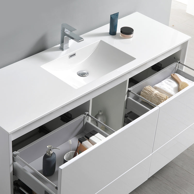 Fresca Catania 60" Glossy White Wall Hung Modern Bathroom Cabinet with Integrated Single Sink FCB9260WH-S-I