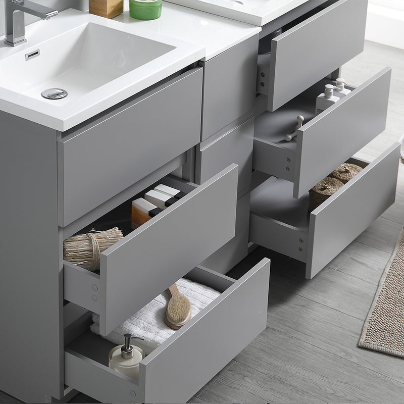 Fresca Lazzaro 60" Gray Free Standing Double Sink Modern Bathroom Cabinet with Integrated Sinks FCB93-241224GR-D-I