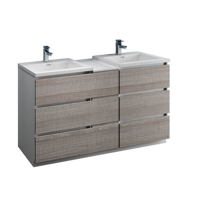 Fresca Lazzaro 60" Glossy Ash Gray Free Standing Double Sink Modern Bathroom Cabinet w/ Integrated Sinks FCB93-241224HA-D-I