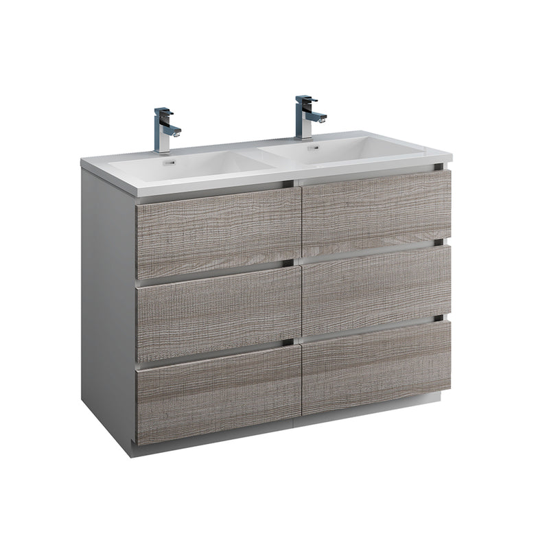 Fresca Lazzaro 48" Glossy Ash Gray Free Standing Modern Bathroom Cabinet w/ Integrated Double Sink FCB93-2424HA-D-I