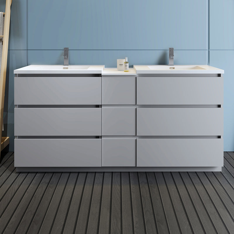 Fresca Lazzaro 72" Gray Free Standing Double Sink Modern Bathroom Cabinet with Integrated Sinks FCB93-301230GR-D-I