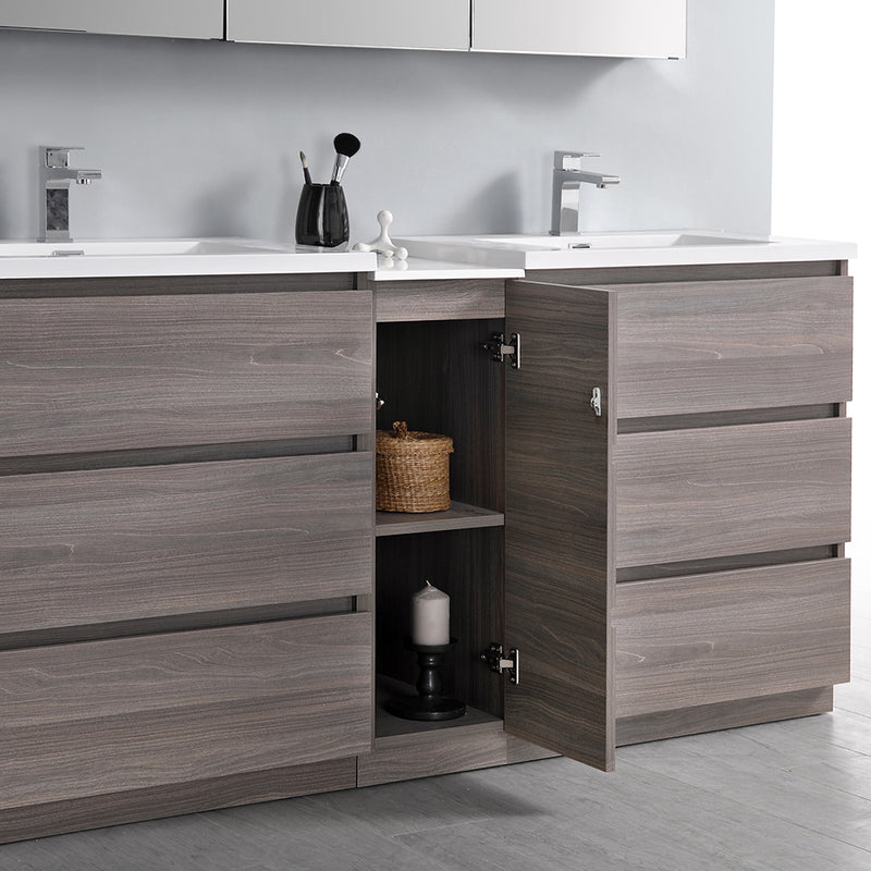 Fresca Lazzaro 72" Gray Wood Free Standing Double Sink Modern Bathroom Cabinet with Integrated Sinks FCB93-301230MGO-D-I