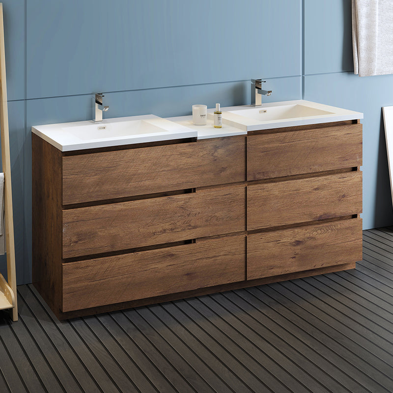 Fresca Lazzaro 72" Rosewood Free Standing Double Sink Modern Bathroom Cabinet with Integrated Sinks FCB93-301230RW-D-I