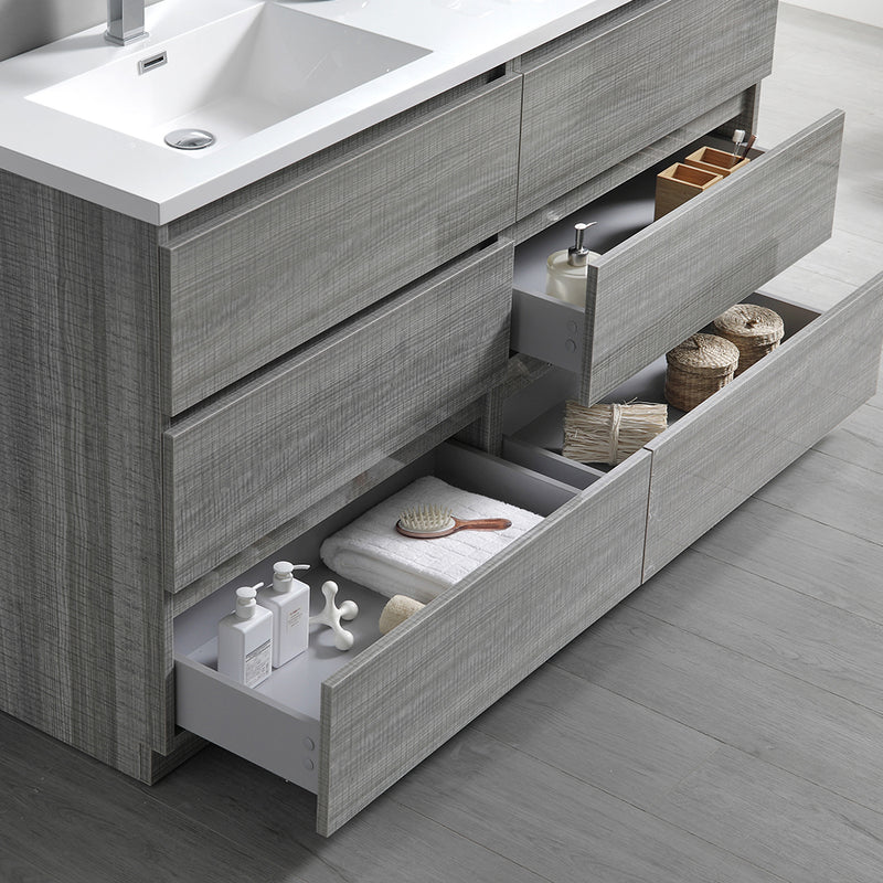 Fresca Lazzaro 60" Glossy Ash Gray Free Standing Modern Bathroom Cabinet with Integrated Double Sink FCB93-3030HA-D-I