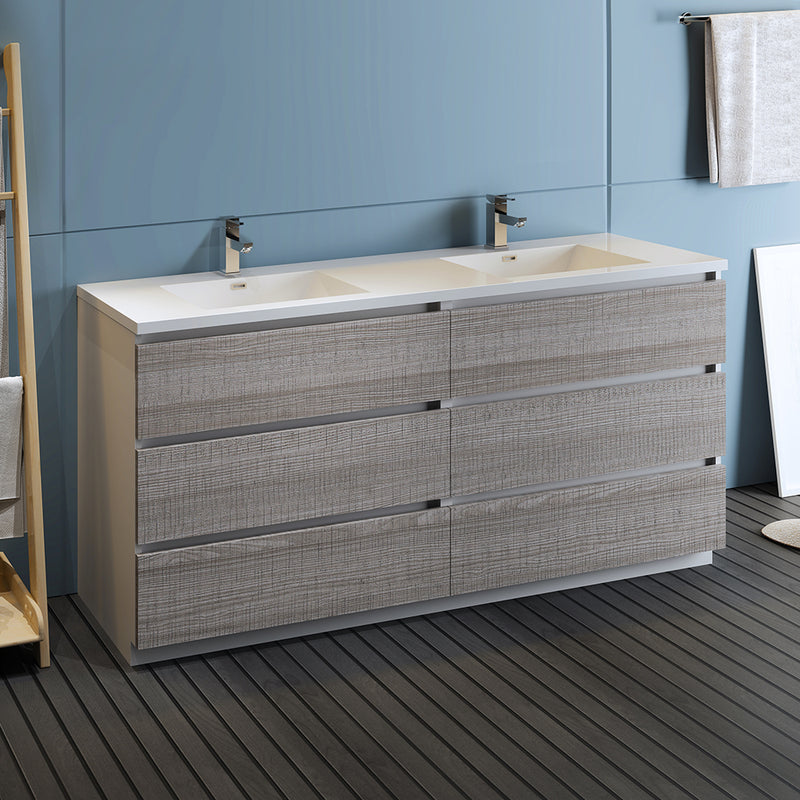 Fresca Lazzaro 72" Glossy Ash Gray Free Standing Modern Bathroom Cabinet with Integrated Double Sink FCB93-3636HA-D-I