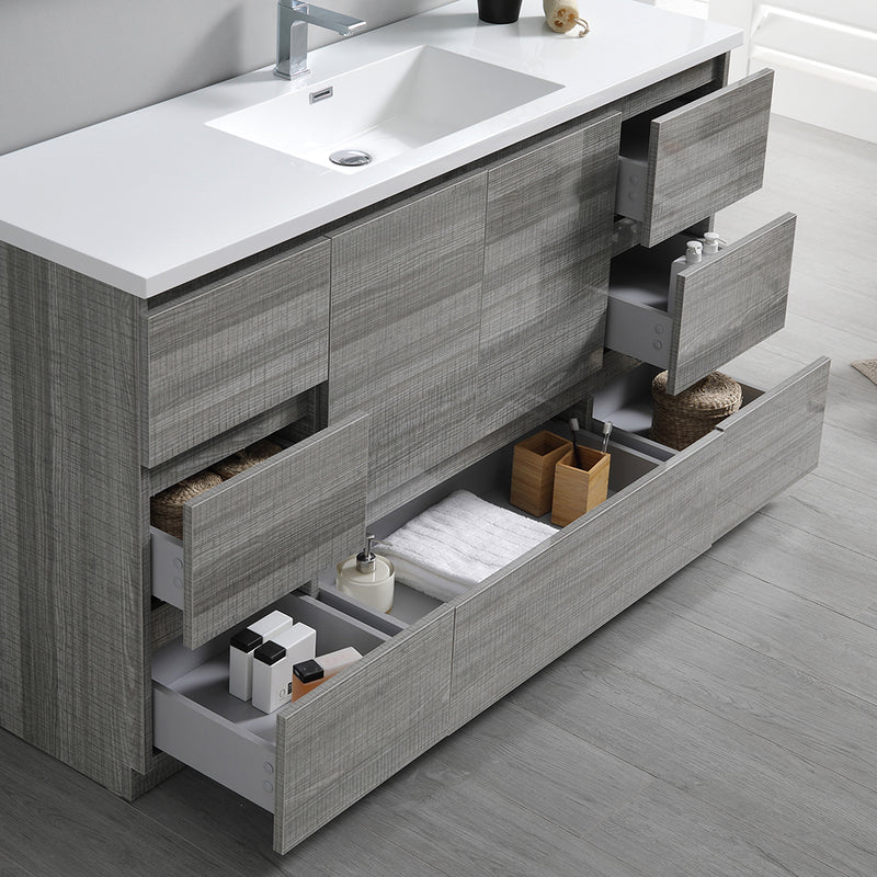 Fresca Lazzaro 60" Glossy Ash Gray Free Standing Modern Bathroom Cabinet with Integrated Single Sink FCB9360HA-S-I