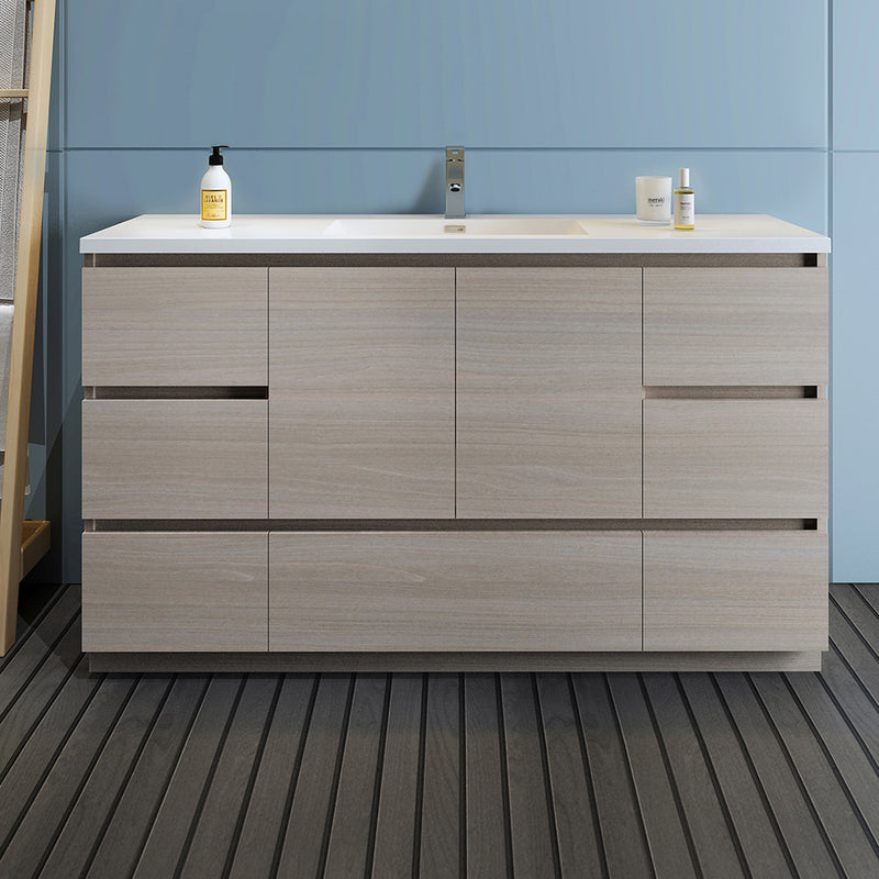 Fresca Lazzaro 60" Gray Wood Free Standing Modern Bathroom Cabinet with Integrated Single Sink FCB9360MGO-S-I