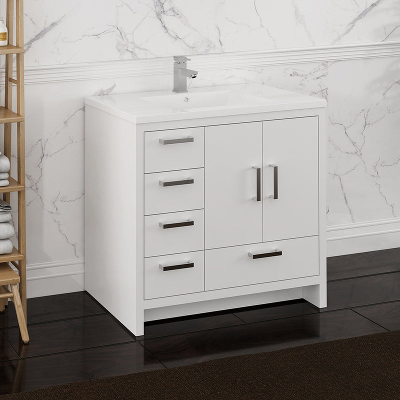 Fresca Imperia 36" Glossy White Free Standing Modern Bathroom Cabinet with Integrated Sink - Left Version FCB9436WH-L-I