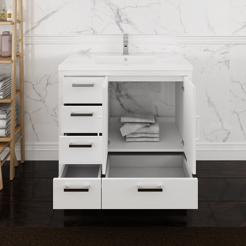 Fresca Imperia 36" Glossy White Free Standing Modern Bathroom Cabinet with Integrated Sink - Left Version FCB9436WH-L-I