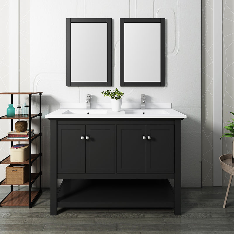 Fresca Manchester 48" Black Traditional Double Sink Bathroom Vanity with Mirrors FVN2348BL-D