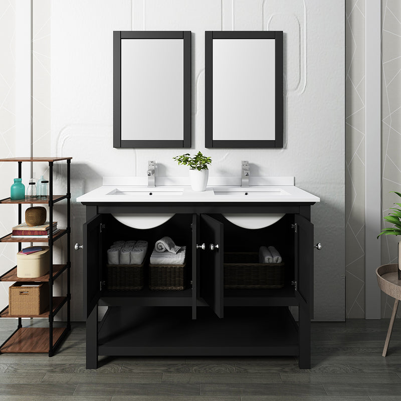 Fresca Manchester 48" Black Traditional Double Sink Bathroom Vanity with Mirrors FVN2348BL-D