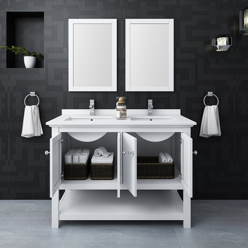 Fresca Manchester 48" White Traditional Double Sink Bathroom Vanity with Mirrors FVN2348WH-D