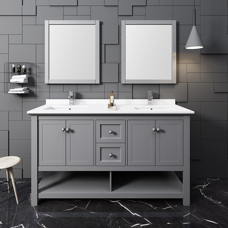 Fresca Manchester 60" Gray Traditional Double Sink Bathroom Vanity with Mirrors FVN2360GR-D