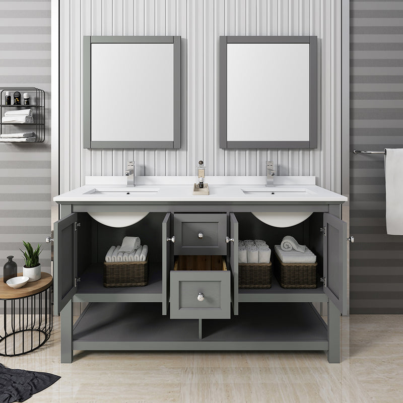 Fresca Manchester Regal 60" Gray Wood Veneer Traditional Double Sink Bathroom Vanity with Mirrors FVN2360VG-D