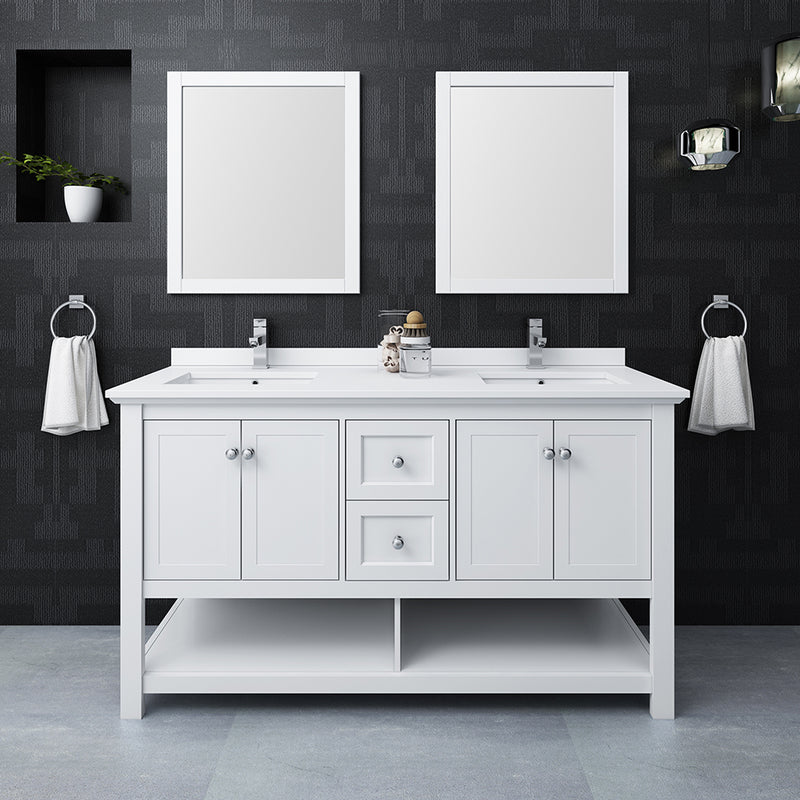 Fresca Manchester 60" White Traditional Double Sink Bathroom Vanity with Mirrors FVN2360WH-D