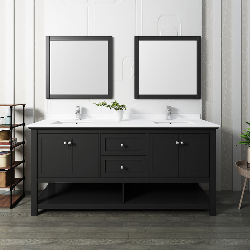 Fresca Manchester 72" Black Traditional Double Sink Bathroom Vanity with Mirrors FVN2372BL-D