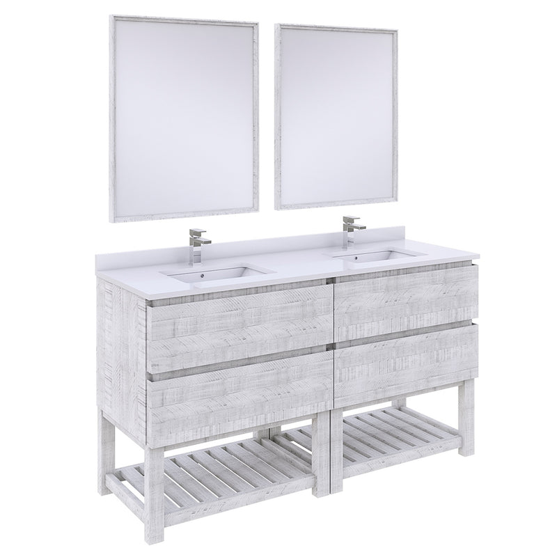 Fresca Formosa 60" Floor Standing Double Sink Modern Bathroom Vanity w/ Open Bottom & Mirrors in Rustic White FVN31-3030RWH-FS