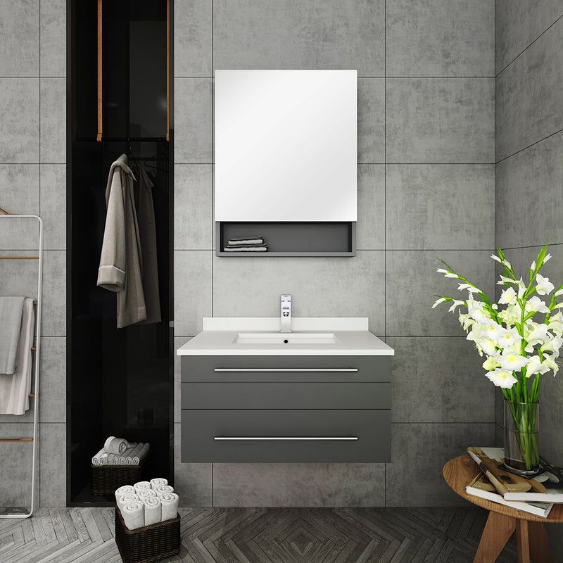 Fresca Lucera 30" Gray Wall Hung Undermount Sink Modern Bathroom Vanity with Medicine Cabinet FVN6130GR-UNS