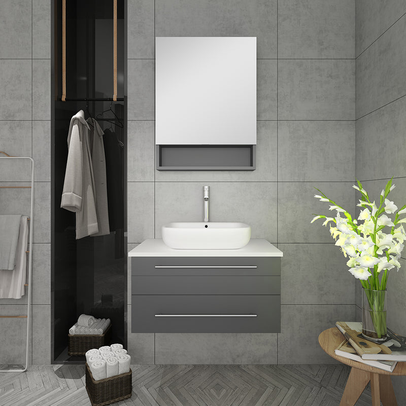 Fresca Lucera 30" Gray Wall Hung Vessel Sink Modern Bathroom Vanity with Medicine Cabinet FVN6130GR-VSL