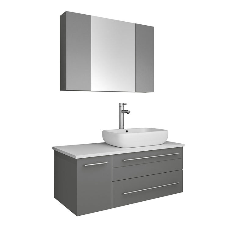 Fresca Lucera 36" Gray Wall Hung Vessel Sink Modern Bathroom Vanity w/ Medicine Cabinet - Right Version FVN6136GR-VSL-R