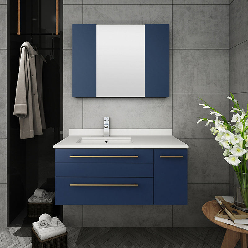 Fresca Lucera 36" Royal Blue Wall Hung Undermount Sink Modern Bathroom Vanity with Medicine Cabinet - Left Version FVN6136RBL-UNS-L