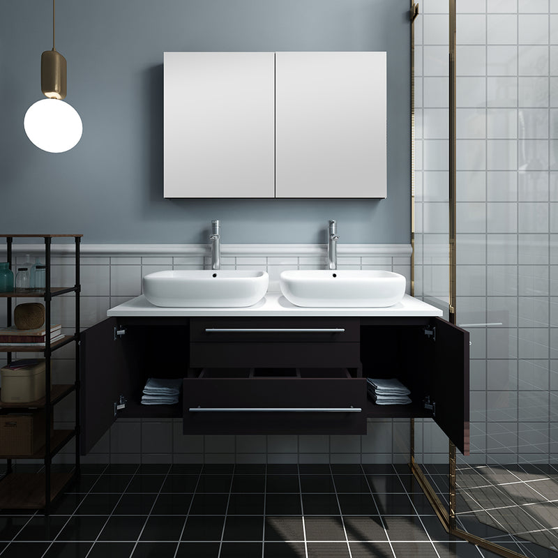 Fresca Lucera 48" Espresso Wall Hung Double Vessel Sink Modern Bathroom Vanity with Medicine Cabinet FVN6148ES-VSL-D