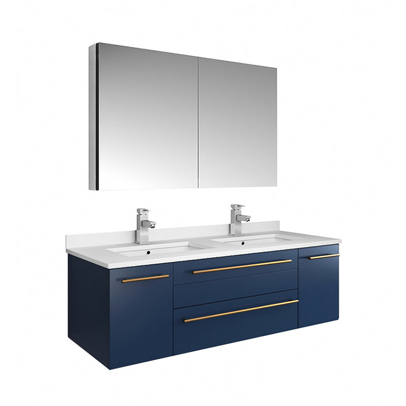 Fresca Lucera 48" Royal Blue Wall Hung Double Undermount Sink Modern Bathroom Vanity w/ Medicine Cabinet FVN6148RBL-UNS-D