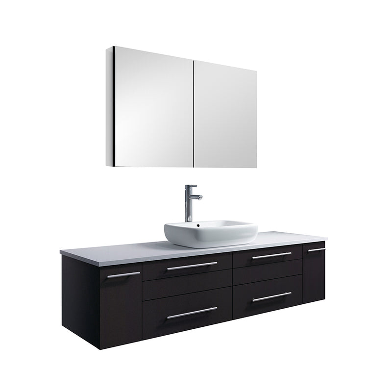 Fresca Lucera 60" Espresso Wall Hung Single Vessel Sink Modern Bathroom Vanity w/ Medicine Cabinet FVN6160ES-VSL