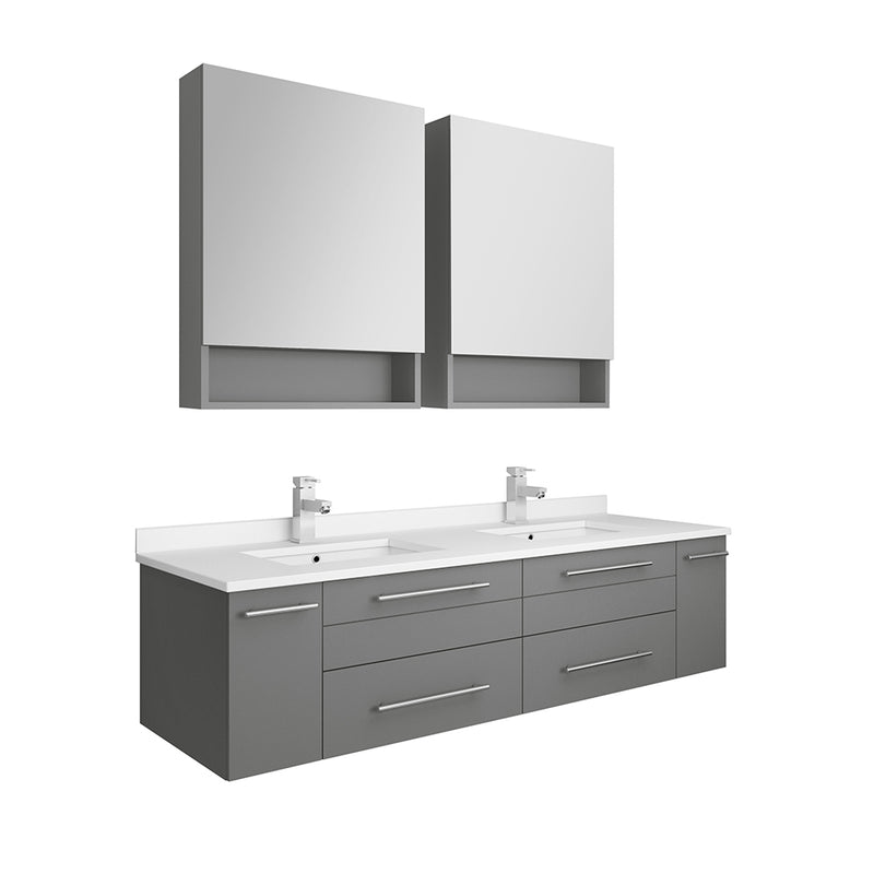 Fresca Lucera 60" Gray Wall Hung Double Undermount Sink Modern Bathroom Vanity w/ Medicine Cabinets FVN6160GR-UNS-D