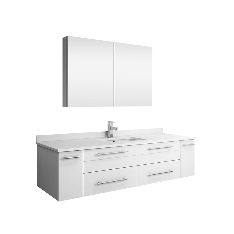 Fresca Lucera 60" White Wall Hung Single Undermount Sink Modern Bathroom Vanity w/ Medicine Cabinet FVN6160WH-UNS