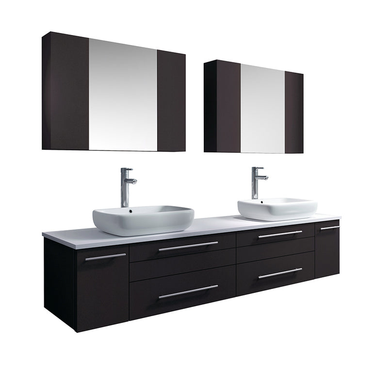 Fresca Lucera 72" Espresso Wall Hung Double Vessel Sink Modern Bathroom Vanity w/ Medicine Cabinets FVN6172ES-VSL-D