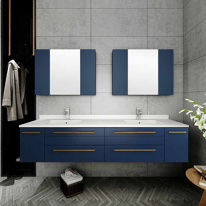 Fresca Lucera 72" Royal Blue Wall Hung Double Undermount Sink Modern Bathroom Vanity with Medicine Cabinets FVN6172RBL-UNS-D