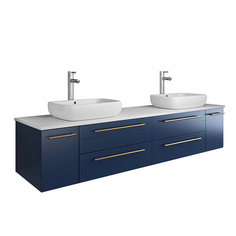 Fresca Lucera 72" Royal Blue Wall Hung Double Vessel Sink Modern Bathroom Vanity w/ Medicine Cabinets FVN6172RBL-VSL-D