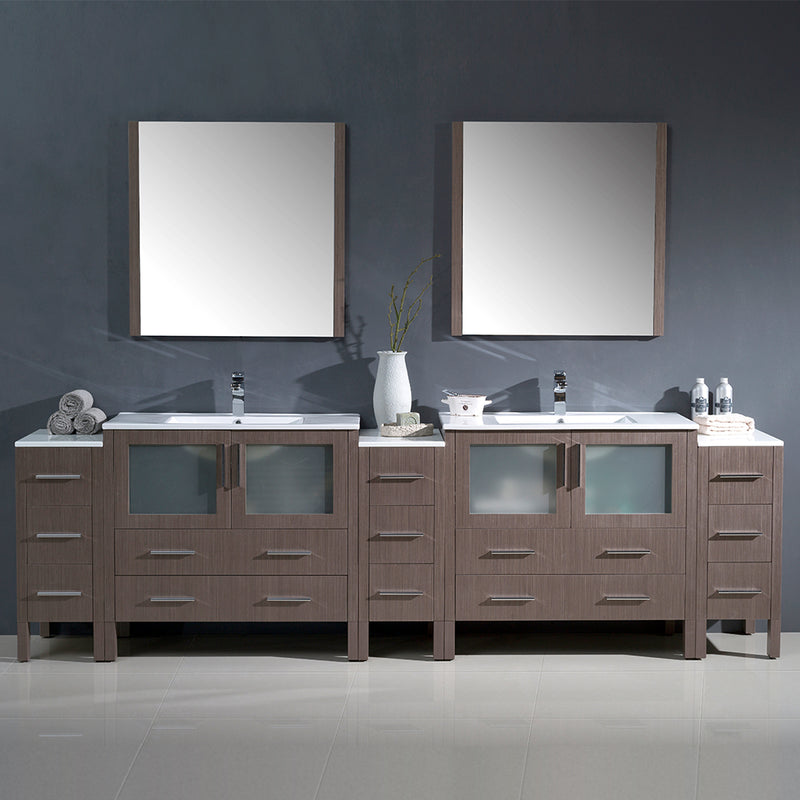 Fresca Torino 108" Gray Oak Modern Double Sink Bathroom Vanity with 3 Side Cabinets and Integrated Sinks FVN62-108GO-UNS